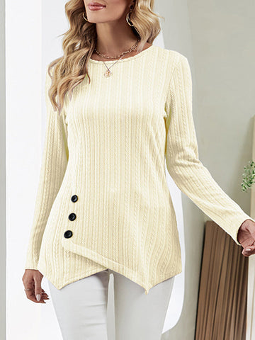 Asymmetric Buttoned Long Sleeves Loose Round-neck T-Shirts Tops