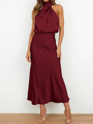 Solid Color Sleeveless Halter-Neck Midi Dresses