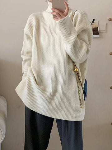 Solid Color Split-Joint Split-Side Long Sleeves Loose High Neck Sweater