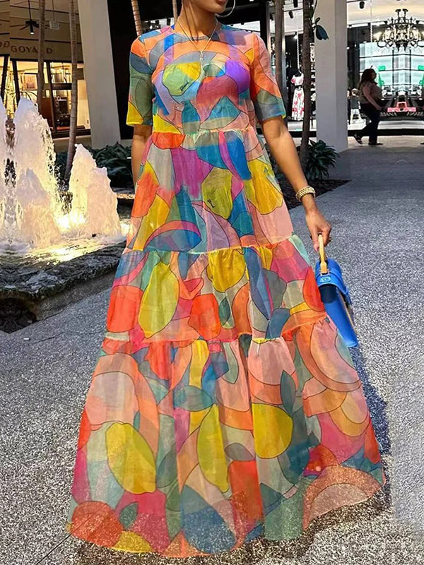 Loose Short Sleeves Multi-Colored Split-Joint Maxi Dresses