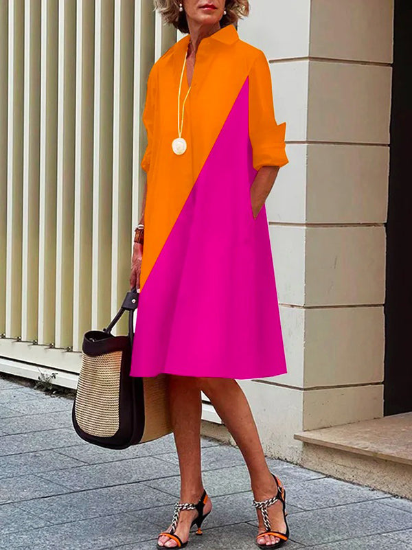 Stylish Selection Long Sleeves Contrast Color Lapel Midi Dresses