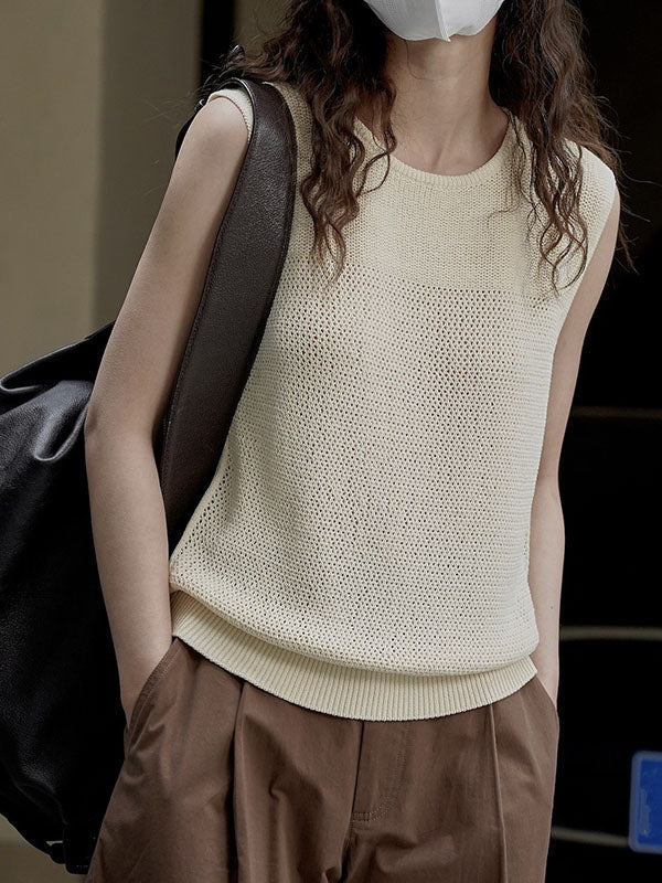 Hollow Solid Color Loose Sleeveless Round-neck Vest Top