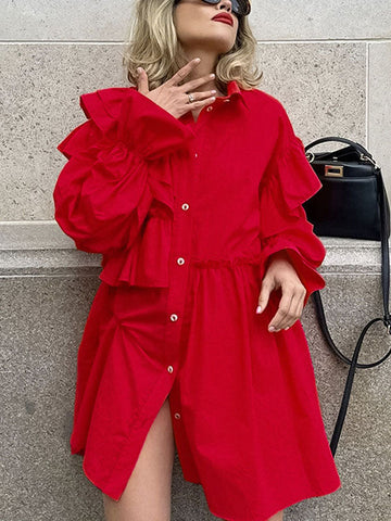 Asymmetric Buttoned Elasticity Layered Ruffled Solid Color High-Low Long Sleeves Lapel Mini Dresses