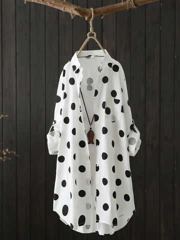 Polka-Dot High-Low Long Sleeves Lapel Shirts Tops