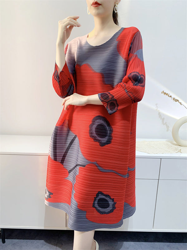 Original Three-Quarter Sleeves Loose Floral Printed Contrast Color Pleated Round-Neck Midi Dresses