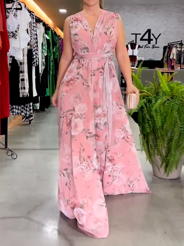 Elegant Empire Bandage Floral Printed V-Back Maxi Dresses