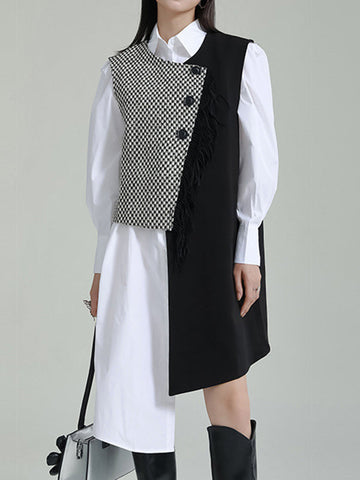 Asymmetric Buttoned Houndstooth Sleeveless Vest Outerwear