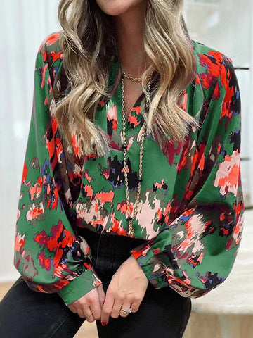 Printed Long Sleeves Loose V-Neck Blouses&Shirts Tops