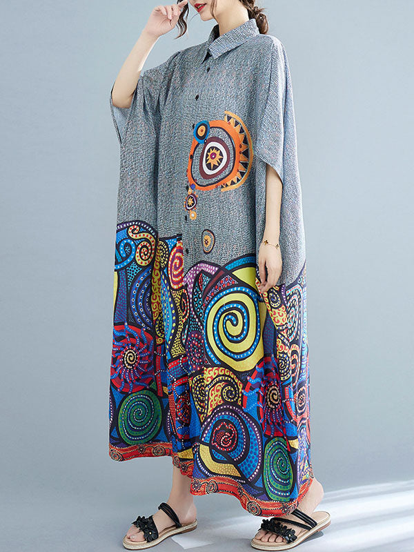 Printed Batwing Sleeves Loose Lapel Midi Dresses