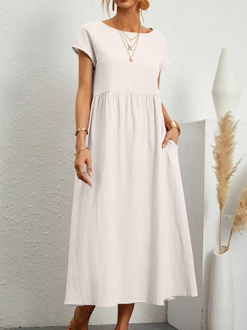 Pleated Solid Color Loose Short Sleeves Round-Neck Midi Dresses