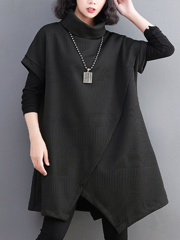 Asymmetric Solid Color Split-front Split-Joint Loose Raglan Sleeve High-neck Mini Dresses Knitwear