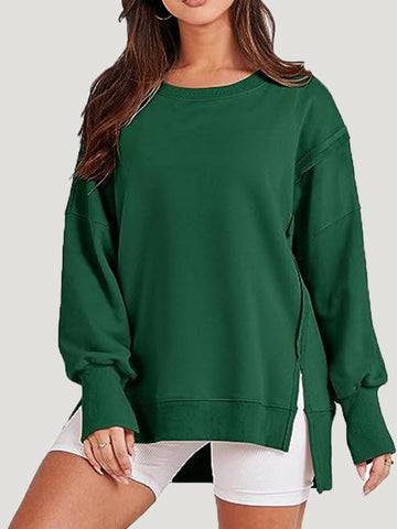 Fringed Solid Color Split-Joint Split-Side High-Low Long Sleeves Round-Neck Sweatershirt