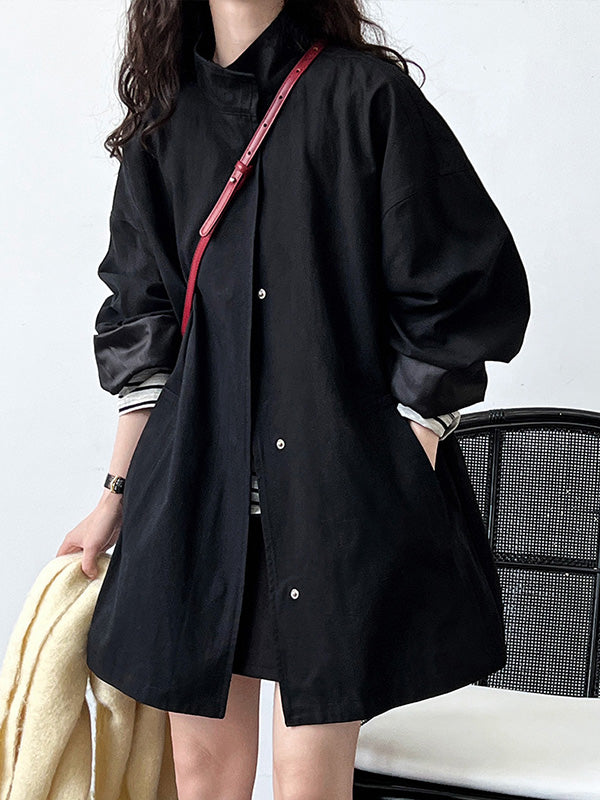 Pockets Solid Color Long Sleeves Loose Stand Collar Trench Coats Outerwear