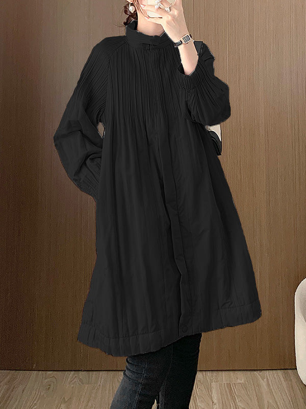 Pleated Quilted Solid Color Zipper Long Sleeves Loose Asymmetric Collar Padded Coat