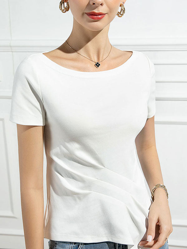 Pleated Solid Color Irregular clipping Short Sleeves Round-neck T-Shirts Tops