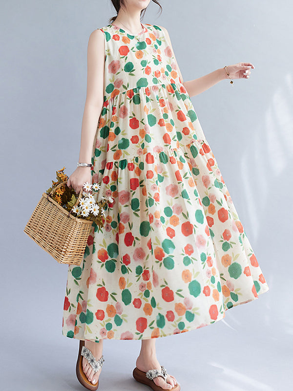 Floral Printed Pleated Split-Joint Loose Sleeveless Round-Neck Midi Dresses