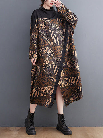 Asymmetric Printed Split-Front Split-Joint Long Sleeves Loose Mock Neck Midi Dresses