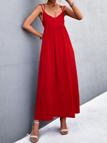 Backless Solid Color Tied A-Line High Waisted Deep V-Neck Slip Dress Midi Dresses