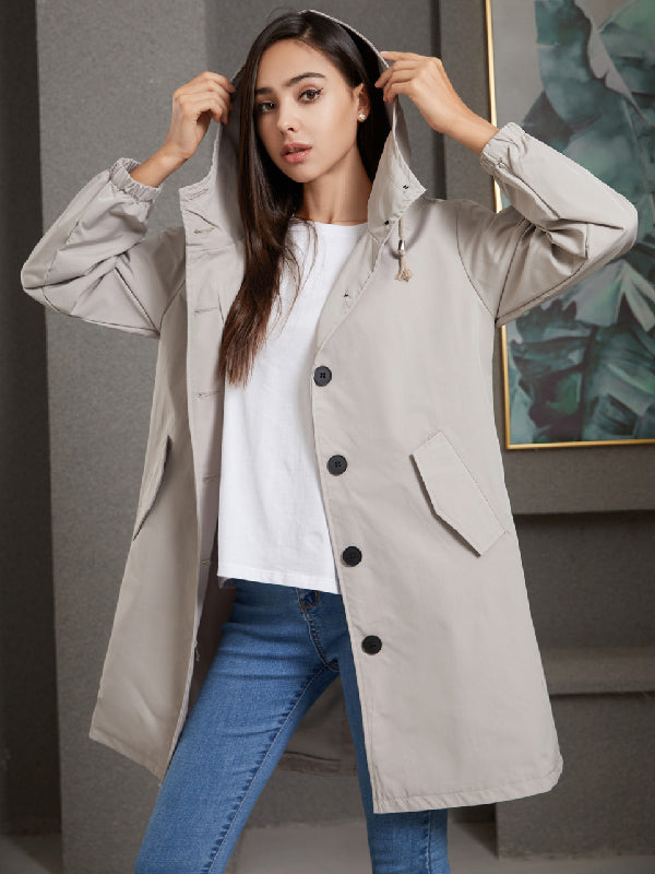 Buttoned Drawstring Elasticity Hooded Pockets Split-Back Waterproof Long Sleeves Loose High-Neck Trench Coats