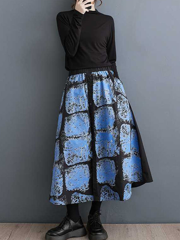 Contrast Color Elasticity Printed Split-Joint A-Line Loose Skirts