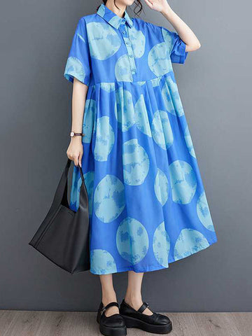 Polka-Dot Loose Short Sleeves Lapel Collar Midi Dresses