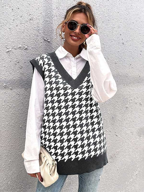 Vintage Loose Houndstooth V-Neck Vest Top