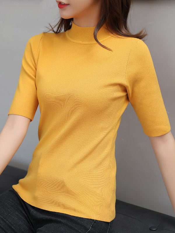 15 Colors Knitting Solid Color High-Neck Short Sleeves Pullover