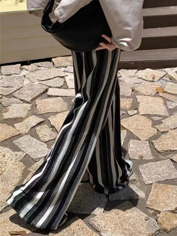 Contrast Color Drawstring Elasticity Split-Joint Striped Loose Wide Leg Trousers Pants