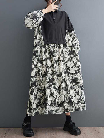 Buttoned Printed Split-Joint Long Sleeves Loose Lapel Midi Dresses