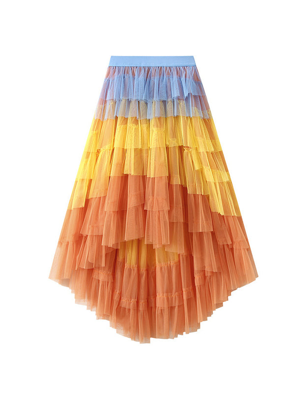 Contrast Color Elasticity Gauze Gradient Pleated Split-Joint Tiered A-Line High-Low Skirts