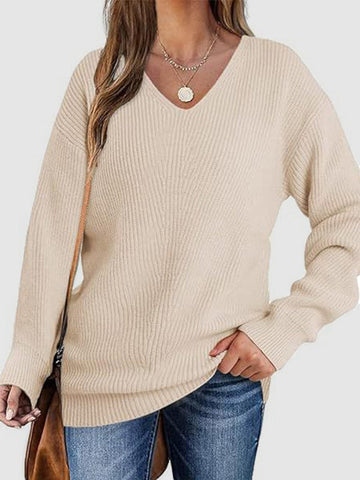 Solid Color Long Sleeves Loose V-Neck Sweater Tops Pullovers