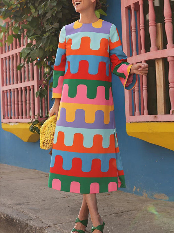 Long Sleeves Loose Printed Split-Side Round-Neck Midi Dresses