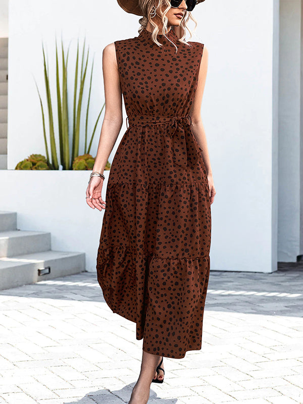 Casual Loose Sleeveless Tied Contrast Color Polka-Dot Stand Collar Maxi Dresses