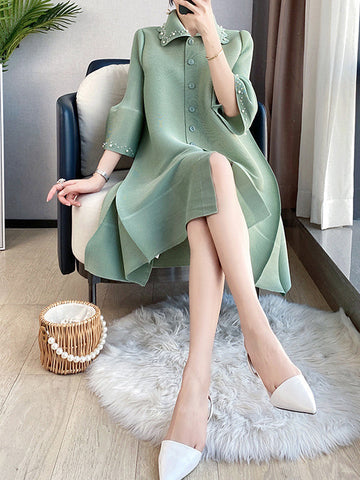 Beaded Pleated Loose Three-Quarter Sleeves Lapel Midi Dresses