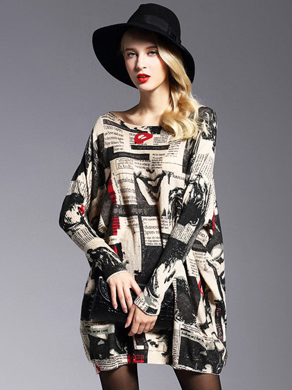 Urban Loose One-Shoulder Printed Split-Joint Sweater