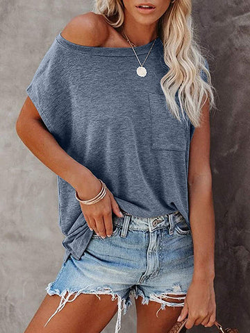 Simple Cotton-Blend Short Sleeves Round-Neck T-Shirt Top