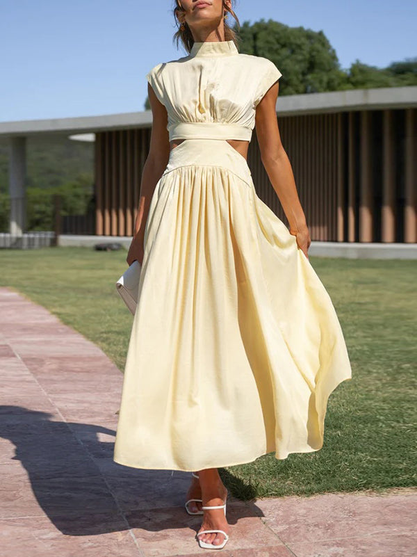 Belly-Hollow Pleated Solid Color Cap Sleeve Stand Collar Maxi Dresses