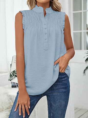 Pleated Solid Color Loose Sleeveless Stand Collar Vest Top