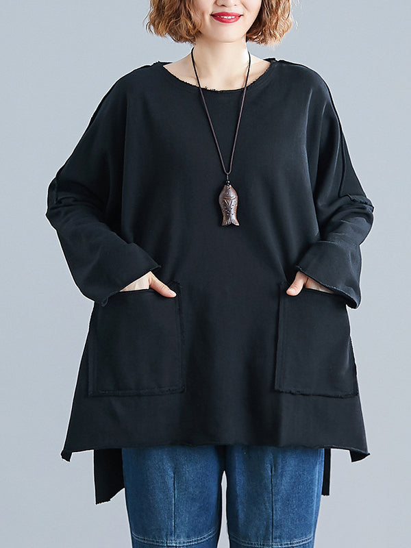 Pockets Solid Color Split-Joint Split-Side High-Low Long Sleeves Round-Neck Sweatshirt Tops