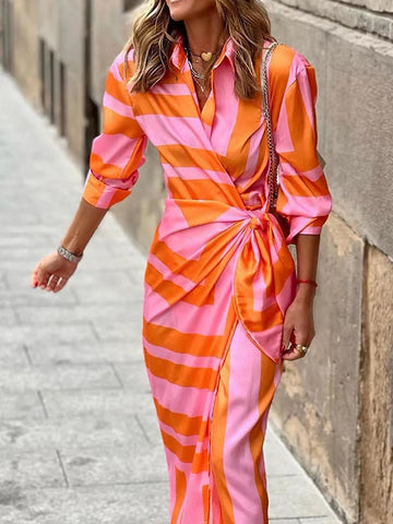 Asymmetric Knot Printed Striped High Waisted Long Sleeves Lapel Maxi Dresses