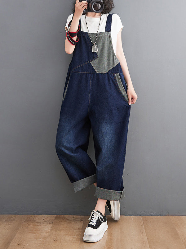 Casual Denim Contrast Color Split-Joint Overalls