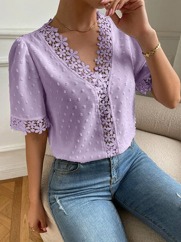 Applique Solid Color Loose Short Sleeves V-neck Blouses&shirts Tops