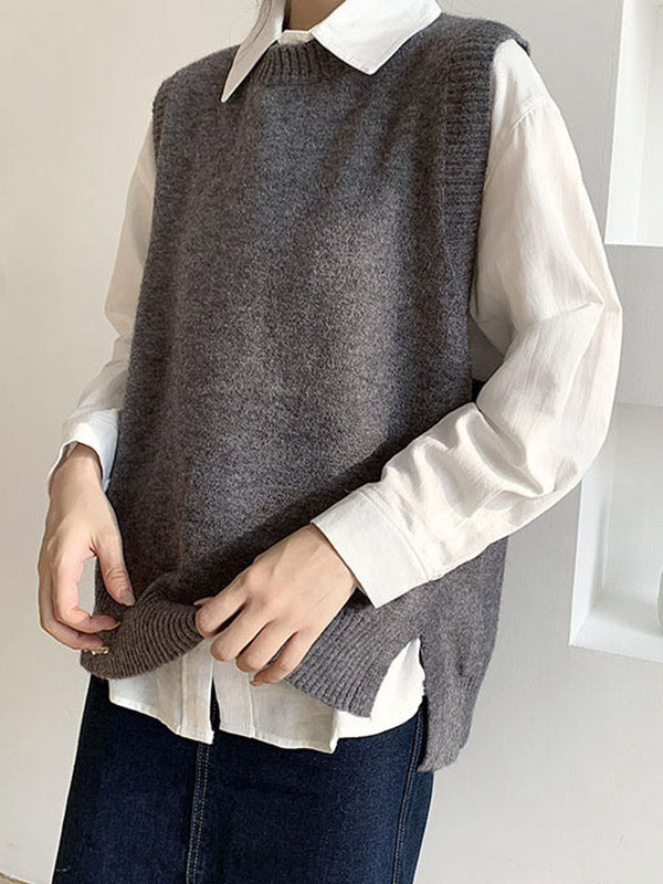 Solid Color Split-Joint Split-side High-low Loose Round-neck Vest Top Knitwear