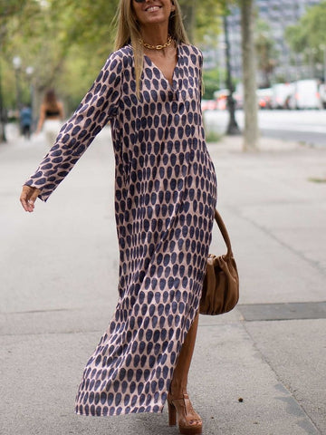 Women Casual Loose Printed Deep V-Neck Maxi Dresses