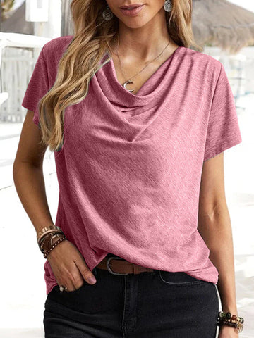 Solid Color Loose Short Sleeves U-Neck T-Shirts Tops