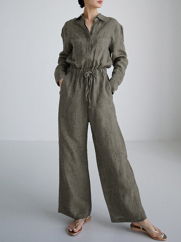 Urban Linen Drawstring Elastic Waisted Wide Leg Long Sleeves Jumpsuits