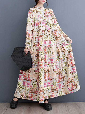 Pleated Printed Split-Joint Long Sleeves Loose Stand Collar Shirt Dress Midi Dresses