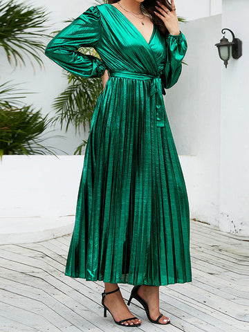 Bronzing Elasticity Pleated Solid Color Tied Waist High Waisted Long Sleeves Deep V-Neck Maxi Dresses