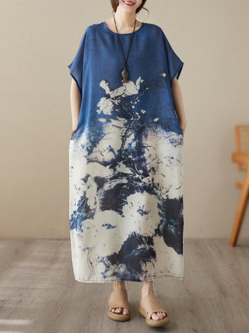 Printed Loose Short Sleeves Round-neck Maxi Dresses