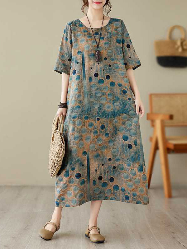 Contrast Color Polka-Dot Printed Half Sleeves Loose Round-Neck Midi Dresses